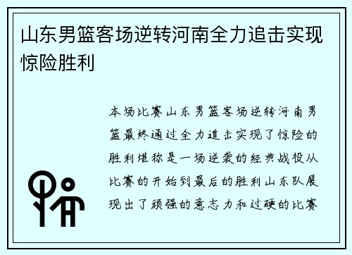 山东男篮客场逆转河南全力追击实现惊险胜利