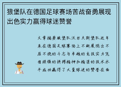 狼堡队在德国足球赛场苦战奋勇展现出色实力赢得球迷赞誉