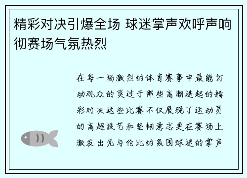 精彩对决引爆全场 球迷掌声欢呼声响彻赛场气氛热烈